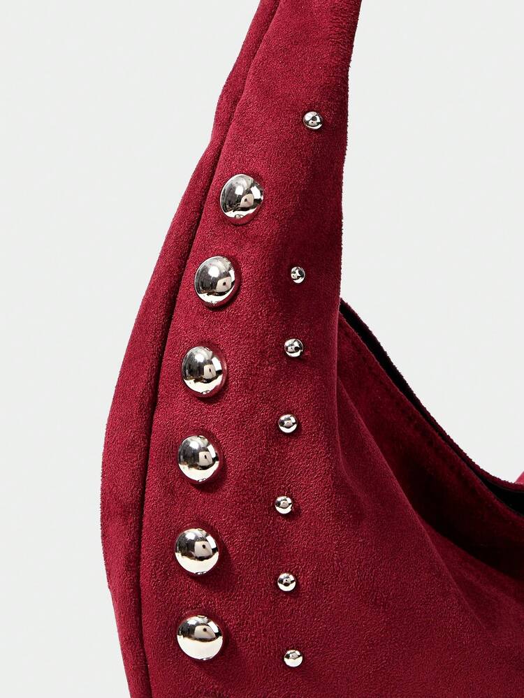 SHECARRY Bolso de hombro de mujer de unicolor con tachuelas de moda - Burdeos - Añade 5