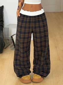 Coolane Women's Spring/Summer Streetwear Going Out Striped Pattern Wide Leg Casual Turn-Down Trousers Pants Plaid Pants Wide Leg Pants Loose Pants