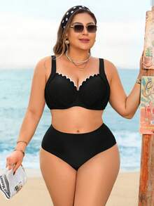 Swim Lushoire Áo bikini đi nghỉ mát cỡ lớn dành cho nữ, có gọng nâng ngực, kiểu dáng tối giản và thanh lịch theo phong cách châu Âu. - màu đen - Xem 5