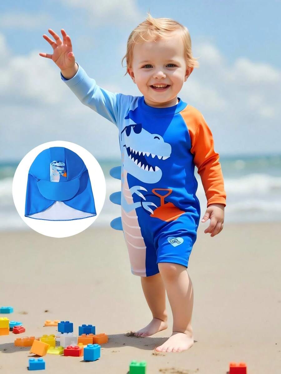 男婴泳装,休闲蓝色恐龙印花针织连体泳衣,配泳帽,时尚优雅,适合游泳、夏季度假、海滩、泳池、节日派对等场合。 - 藍色 - 查看 1