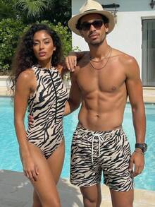 Manfinity VDAYZ 男士时尚休闲度假斑马纹抽绳腰沙滩短裤，夏季 - 藍色 - 查看 2