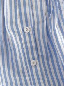 Franclia 条纹法式复古衬衫 - 大蕾丝刺绣镂空领+泡泡袖，门襟荷叶边青春设计，舒适梭织面料 - 藍色 - 查看 6