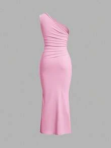SHEIN EZwear 粉色针织女式不对称领口褶皱鱼尾长裙，春夏款 - 粉色 - 查看 2