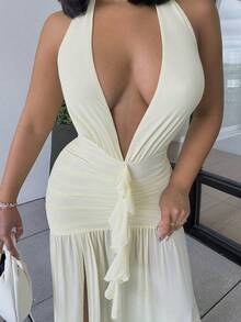 Alexandranx 性感简约纯黄色奶油色深 V 领露背紧身褶饰修身女式超长网眼连衣裙，适合派对、鸡尾酒会、正式场合、伴娘、生日、圣诞节、商务休闲、优雅女式超长连衣裙 - 淡黃色 - 查看 3