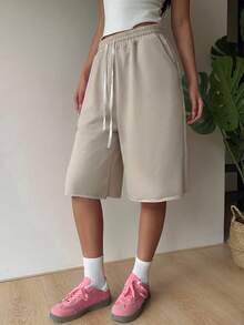 SHEIN EZwear Pantalones cortos informales de talla grande para mujer en color albaricoque con cordón en la cintura y bolsillos laterales - Albaricoque - Ver 3