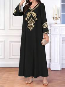 Al Najma Women's Elegant Arabic Style V-Neck Long Sleeve Dress, Black With Golden Lotus Embroidery-Like Print, Suitable For Spring/Summer - Multicolor - View 4