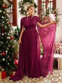 VOLUPTÉ CURVE Maxi-Kleid in Große Größen aus Chiffon, eleganter hochwertiger Göttin-Stil, V-Ausschnitt, Fledermausärmel, geraffte Taille, Kettendekoration, mehrstufiger Rock, geeignet für Valentinstag, formelle Anlässe, Bankette, romantische Stimmung - Bordeaux - Übersicht 8