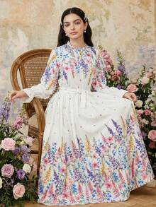 少女优雅印花春季衬衫和长裙套装 - 彩色 - 查看 1