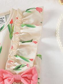 SHEIN Vintaside Kids 1件女婴可爱休闲紫色郁金香图案蝴蝶结装饰连衣裙，适合夏季、户外和度假穿着。 - 彩色 - 查看 7