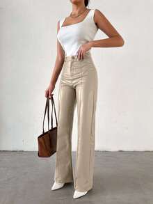 EURMUSE Women'S Straight Pu Leather Pants - Beige - View 4