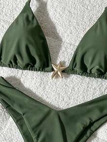 Swim Mod Bộ bikini hai mảnh màu trơn dành cho nữ, trang trí kim loại, gợi cảm, thích hợp cho mùa hè. - màu xanh lá - Xem 4