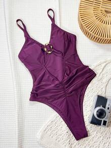 Swim SXY Summer Black Thick Strap Hollow Metal Twist Ring Decor Casual Beach Bikini One-Piece Swimsuit For Women - Purple - View 4