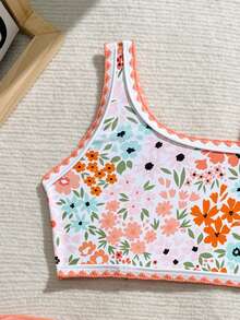 Sparklyn Young Girl Ditsy Floral Beach Cover-Up Swimsuit Set - Orange - View 3