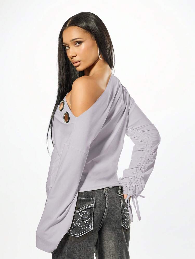 SUMWON WOMEN Off Shoulder Eyelet Jersey Top With Drawstring Sleeves