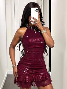 Franclia Burgundy Sequins Halter Stretch Sexy Sleeveless Slim Women Bodycon Dress/Date/Party/Nightclub/Street /Halloween/Valentine's Day/Elegant Dress/Christmas Dress/Birthday Dress/Nightclub/Party Dress /New Year Holiday/Spring/Summer/Autumn/Winter New Short Dress - Burgundy - View 4