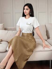 DAZY Bộ đồ nữ thanh lịch gồm áo thun và chân váy phối màu tương phản, kiểu dáng patchwork, thích hợp cho mùa hè, tiệc cưới, hoặc mặc nhà. - Vàng - Xem 8