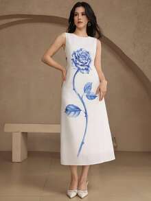 DAZY Women's Elegant Floral Print Round Neck Sleeveless Mid-Length Dress, Summer Wedding Guest Dress - Blue - View 4