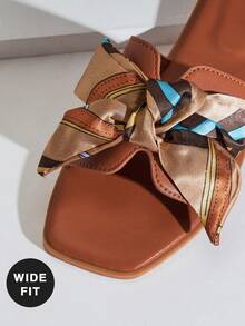 SHUZIA Sandal đế bằng dáng rộng dành cho nữ, kiểu dáng thanh lịch, trang trí ruy băng, thích hợp cho ngày Valentine. - màu nâu - Xem 4