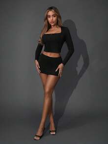 SHEIN ICON 2pcs/Set Women Fitted Faux Fishbone Waist Cinching Square Neck Long Sleeve Button-Up T-Shirt And Bodycon Skirt - Black - View 3