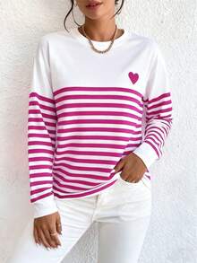 EMERY ROSE Casual Striped Heart Print Long Sleeve T-Shirt, Spring/Autumn - Multicolor - View 6