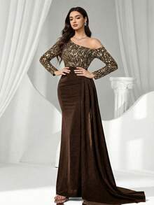 Coutiva 女士亮片装饰不对称肩部正式晚礼服 - 棕色 - 查看 6