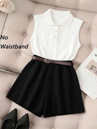 SHEIN Franclia Avslappnad pendlarchic, kortärmad stickad topp med nedfällbar krage och metallspännedekor, i kombination med svarta stickade shorts, vår/sommar