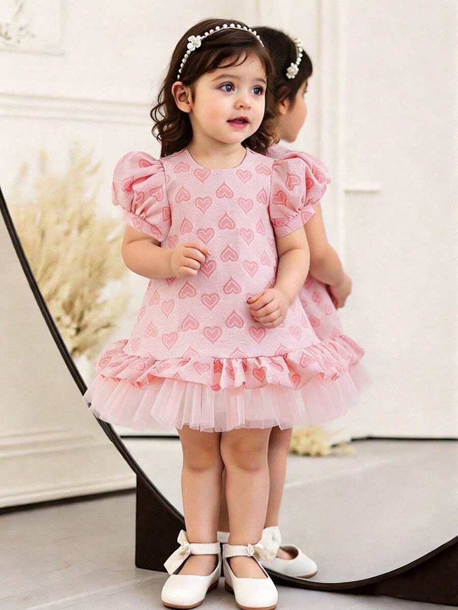 Glamorique Kids Robe de poupée à manches courtes en tissu jacquard en forme de cœur avec ourlet en maille pour bébé fille, robe rose pour anniversaire, mariage, fête