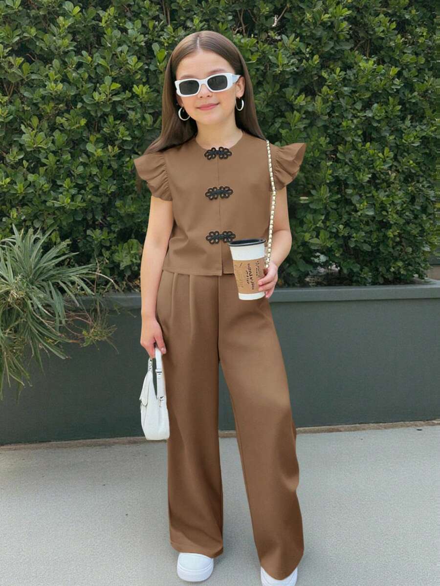 SHEIN Nova Glow 少女可爱纽扣短袖撞色休闲衬衫 - 卡其色 - 查看 1