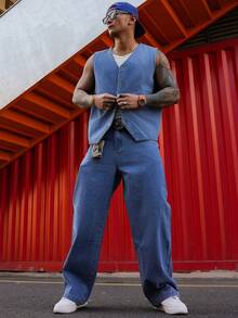 DAZY Men's Solid Blue Washed Denim Top & Pants Suit, Spring/Summer - Blue - View 5