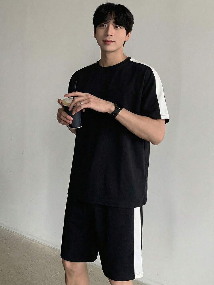 Men's Contrast Color Patchwork Short Sleeve T-Shirt And Shorts Set, Summer