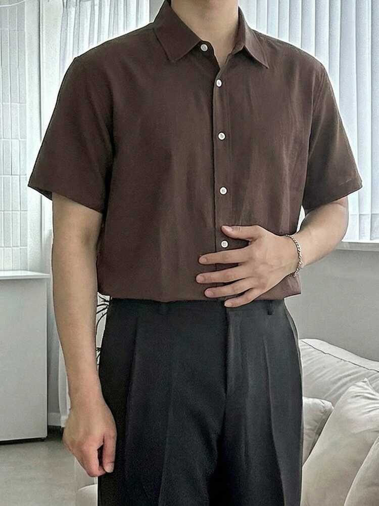 Men's Solid Brown Short Sleeve Shirt, Summer