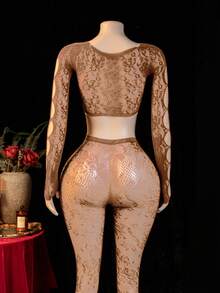 2pcs Women's Sexy Sheer Crop Top & Footless Pants Set - Khaki - View 5