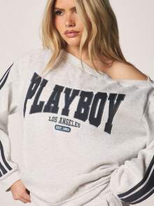 Missguided x Playboy Los Angeles Off Shoulder Varsity Sweatshirt With Stripe Sleeve Detail Long Sleeve Casual Pullover - Light Grey - View 6
