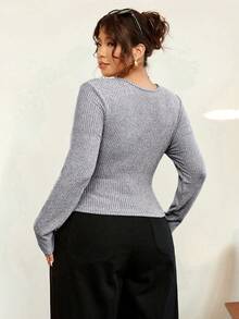 Vionelle Áo thun dài tay dáng ôm cổ chữ V, xếp ly, kẻ sọc, chất liệu dệt kim mềm mại, cỡ lớn, giúp thon gọn vóc dáng, thích hợp cho mùa thu/đông. - Màu Xám nhạt - Xem 2