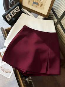 Franclia Fashionable Casual Commute Versatile Textured Soft Fabric High Waist Slit Gray Women Shorts/Skirt/Culottes/Hot Pants, Spring/Autumn - Burgundy - View 3