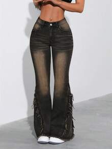 SHEIN ICON Frayed Hem Slant Pocket Fashionable Slim Fit Flare Jeans - Black - View 6