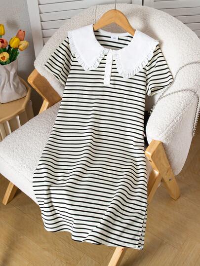 1pc Girls Ruffled Collar Half-Placket Striped Short Sleeve Straight Dress, Regular Thickness Knit Fabric, Suitable For Various Occasions Like Daily Wear, Outings, School, Parties, Fits Girls Aged 8-12, Spring/Summer Style