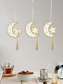 Cirelle Decoración colgante de pared de estrella y luna de madera con diseño calado y adorno de flecos, decoración para fiestas y festividades de Ramadán - Multicolor - Ver 2