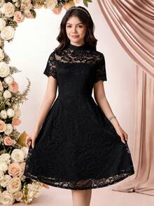 SHEIN Pitira 黑色蕾丝边薄纱迷你连衣裙，适合少女，优雅百搭，适合情人节、生日、派对、婚礼、返校节、毕业典礼、花童等场合。黑色优雅连衣裙，黑色蕾丝连衣裙，女士蕾丝连衣裙，女士黑色连衣裙，鸡尾酒会礼服。 - 黑色 - 查看 3