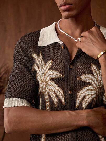 AKNOTIC Business Casual Men's Crochet Floral Knit Loose Casual Short Sleeve Sweater Shirt, Suitable For Summer, Vacation, Daily Wear, Party, Couple, Men's Gift