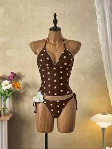 Bellisia Vintage Black & White Polka Dot Ruffled Triangle Cup Bikini Set - Multicolor - View 6