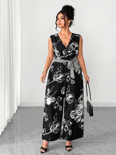 Elenzga 大码女式印花交叉V领无袖阔腿连体裤