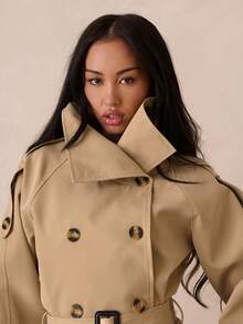 SHEIN Glamour Women's Khaki High Collar Windbreaker, Elegant Casual Short Straight Loose Fit Double-Breasted Trench Coat, Spring/Summer Women's Jacket - Khaki - View 7