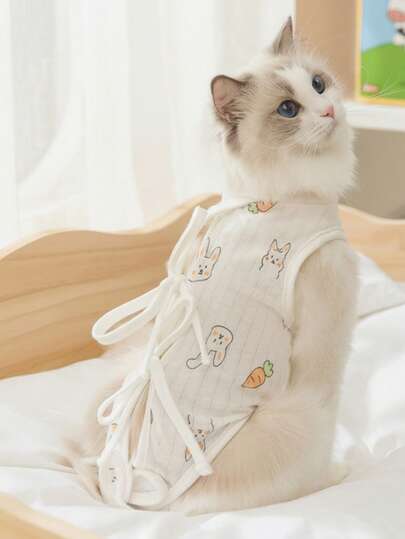 PETSIN White Spring/Summer Minimal Rabbit & Carrot Print Breathable Comfortable Spay Nurse Wrap For Kittens, Cats, Pet Recovery Suit