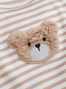 SHEIN Newborn Baby Girl Casual Cute Striped Cartoon Pattern Long Sleeve Romper Outfit Set - Apricot - View 8