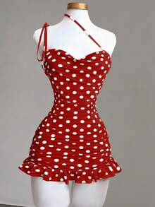 GlowEve 女士浪漫约会复古甜美性感波点深V领交叉系带蝴蝶结露背荷叶边下摆红色迷你连衣裙 - 紅色 - 查看 2