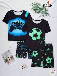 两套双色男童睡衣，夜光设计，黑色底色上印有霓虹蓝色的游戏手柄和“玩游戏”字样，以及霓虹绿色的足球和字母图案，弹力顺滑面料，舒适贴身，适合休闲和日常活动，展现酷炫活力的青春气息。 - 彩色 - 查看 6