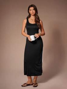 Lazeform Damen Lässig Bodycon Kleid mit kontrastierendem Seitenstreifen, Loungewear ärmelloses Maxikleid mit Schlitz an der Seite, Damenkleid schwarz - Schwarz - Übersicht 7