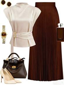 SHEIN Franclia Bộ 2 món dành cho nữ: Áo tay ngắn cổ cao xếp ly thắt eo + Chân váy ngắn xếp ly cạp chun, thích hợp cho mùa xuân, hè, thu, đông, thanh lịch, thường ngày và công sở. - Màu be - Xem 1