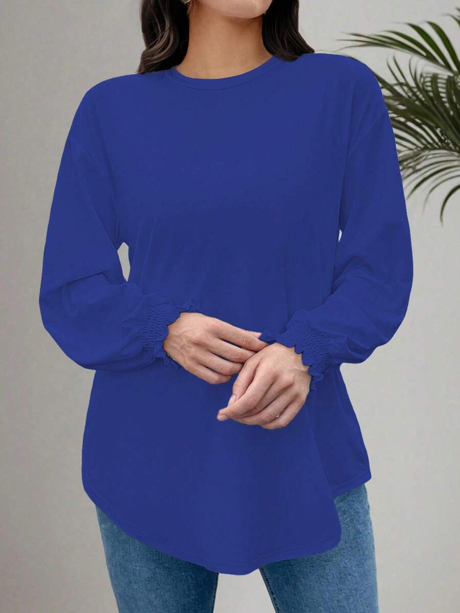 EMERY ROSE Blus Kasual Warna Biru Royal Ukuran Besar dengan Manset Berkerut, Lengan Panjang Rajut, dan Leher Bulat - Royal Blue - View 1
